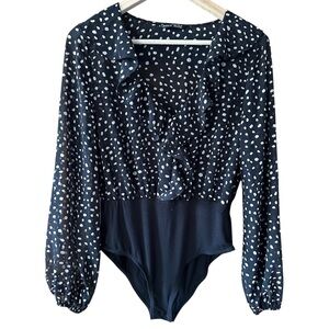 Polka Dot Bodysuit Black Cream Ruffle V Neck - Medium